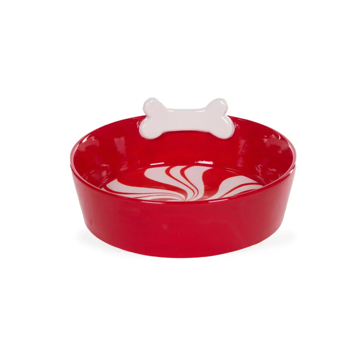 Red ceramic dog bowl with white bone handle and swirl design, pet feeding accessory