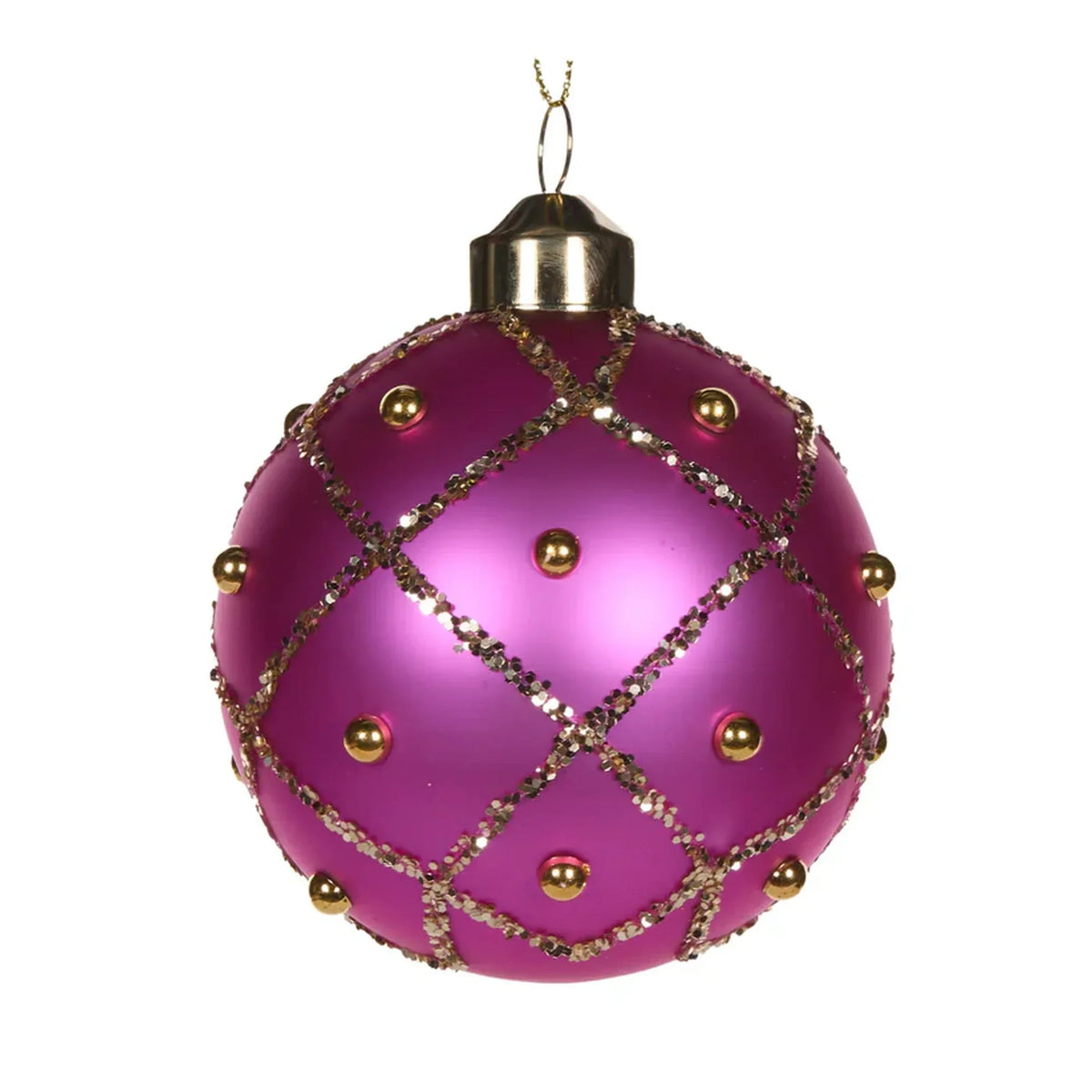 Fuchsia Christmas ornament with gold glitter lattice and beads, elegant holiday decor