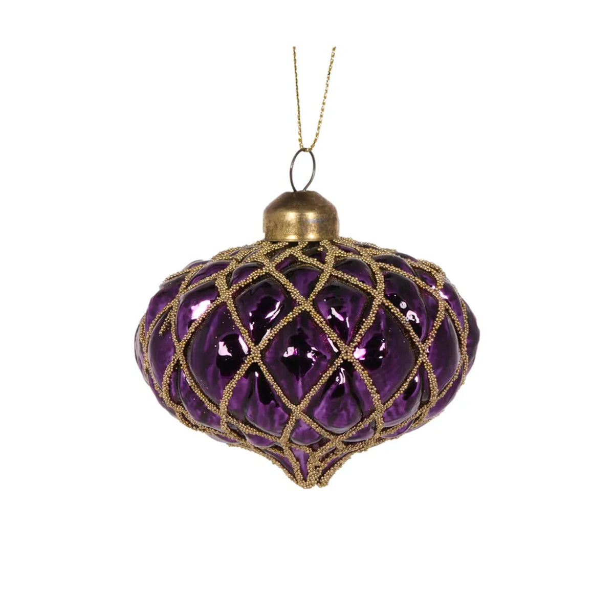 Purple glass Christmas ornament with gold beaded lattice design, elegant holiday décor
