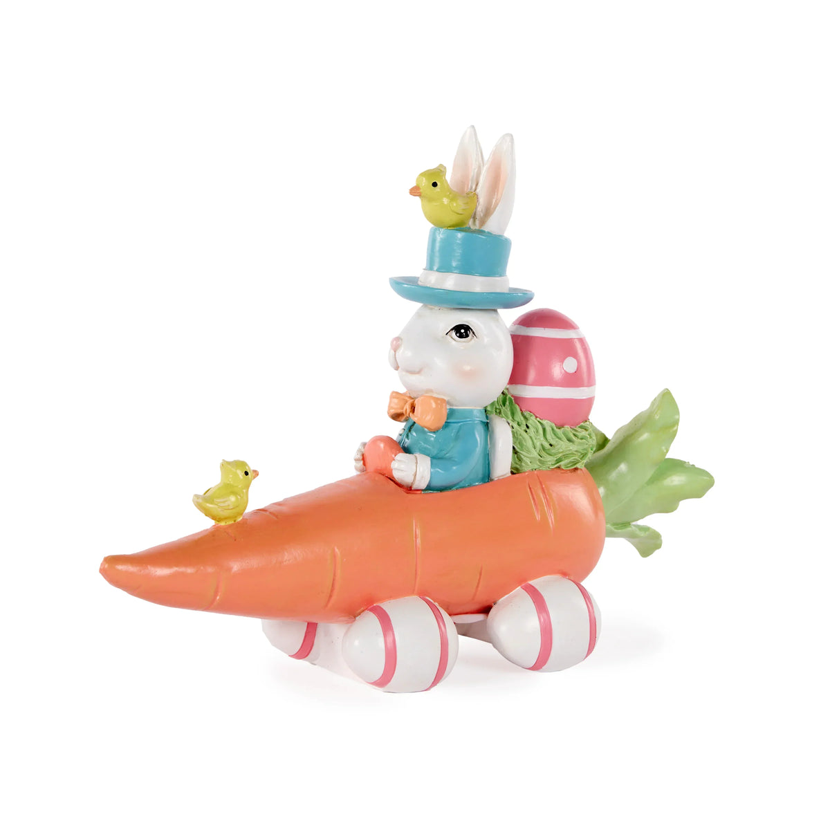 Easter bunny in carrot car with chicks and egg, home decor figurine