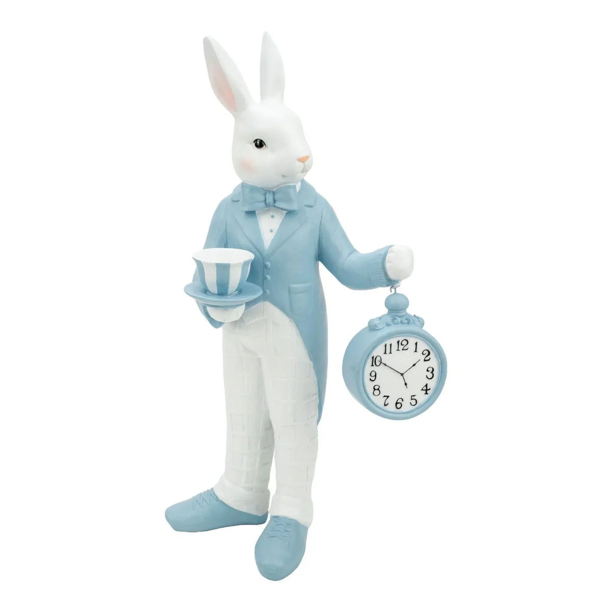 White rabbit figurine in blue suit holding teacup and pocket watch, vintage home décor accent