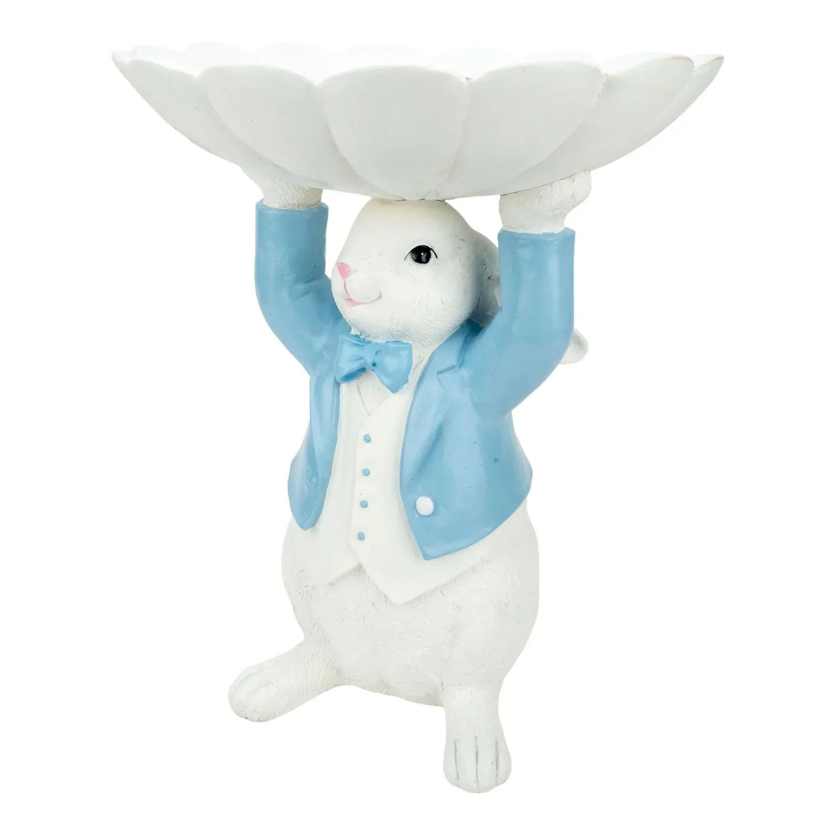 Charming white bunny figurine in blue jacket holding floral tray, perfect for home décor and vintage accents.