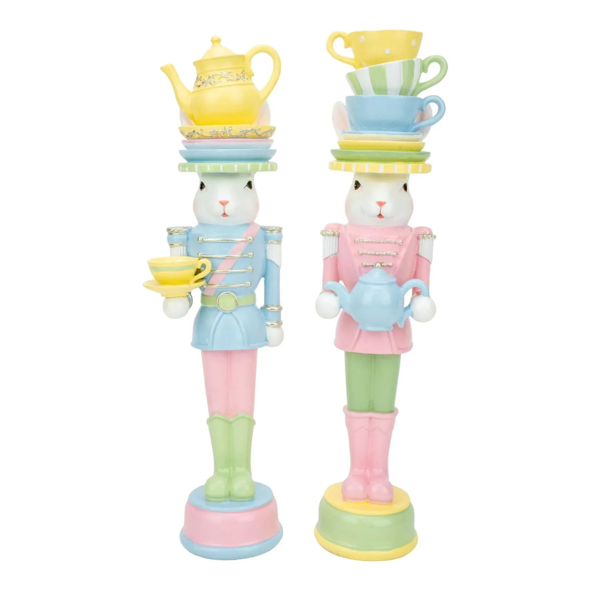 Pastel bunny nutcrackers with teacups & teapots, whimsical home decor for Easter or tea party themes