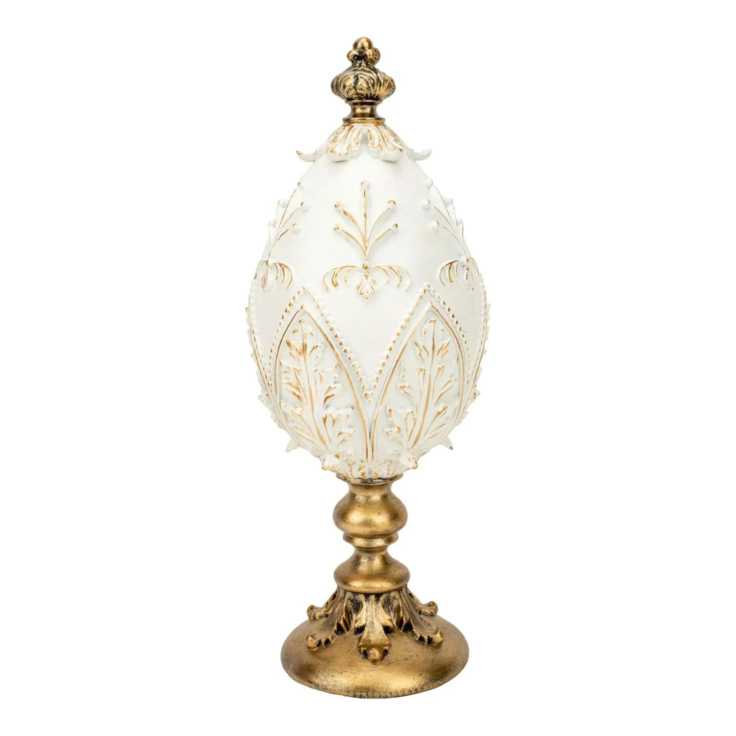 Elegant white and gold decorative egg with ornate floral details on pedestal base, luxury home décor accent