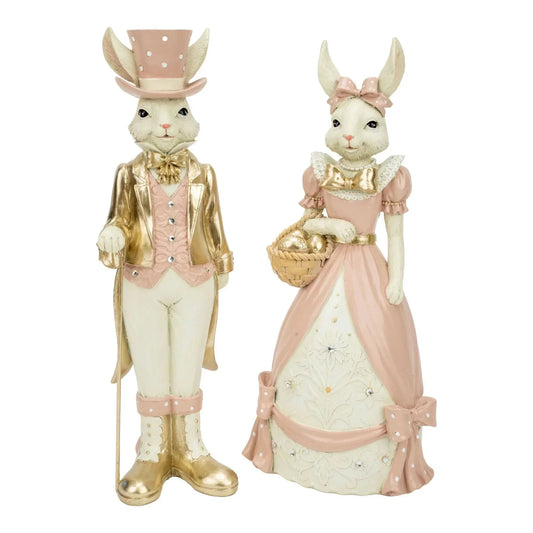 Elegant pink and gold bunny figurines, male in top hat, female with egg basket, vintage home décor