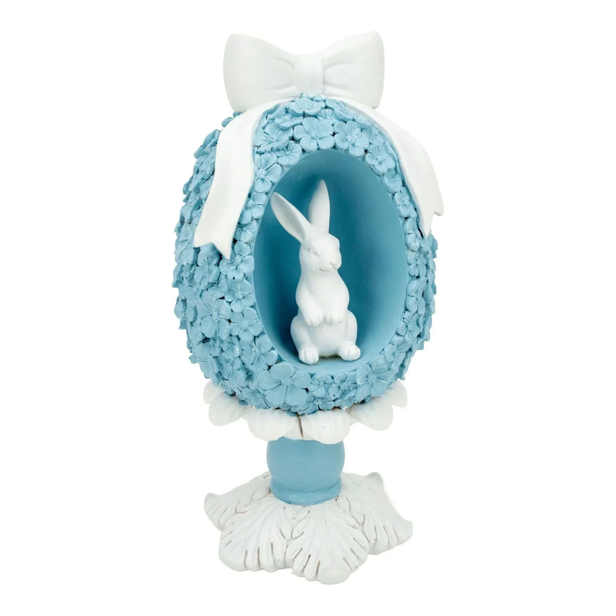 Blue floral Easter egg with white bunny figurine and bow, home décor accent piece