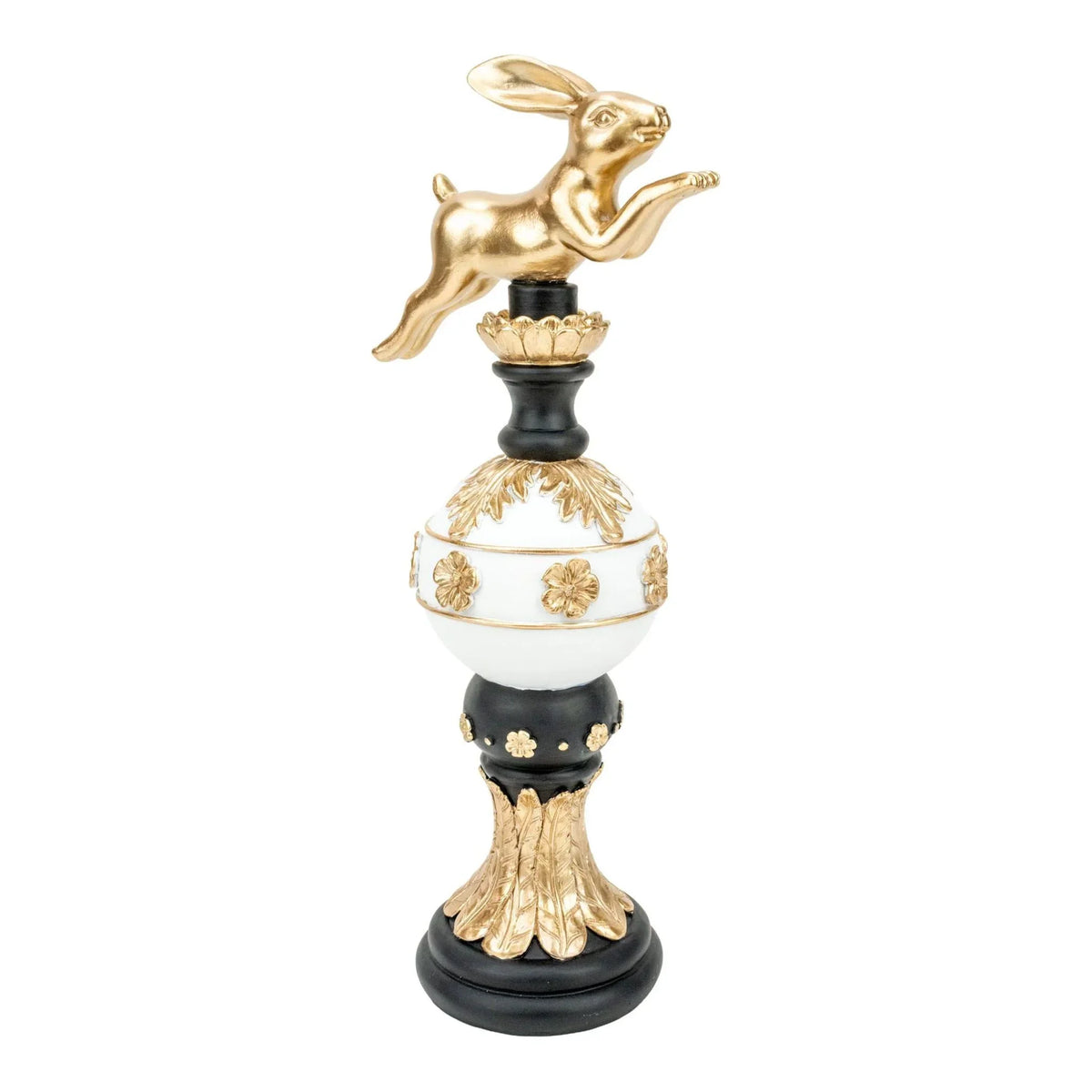 Gold bunny figurine atop ornate black and white pedestal with floral accents, elegant home décor