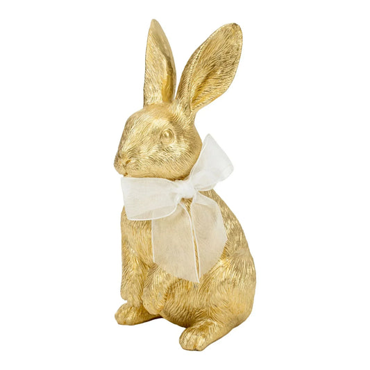Golden rabbit figurine with white bow, elegant home décor accent for living room or shelf display