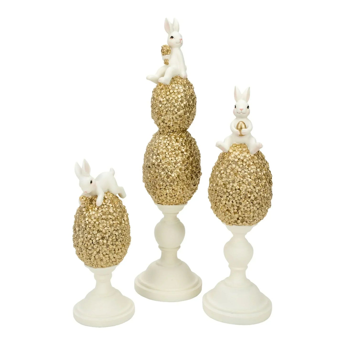 White bunny figurines on gold floral egg pedestals, elegant home décor accents