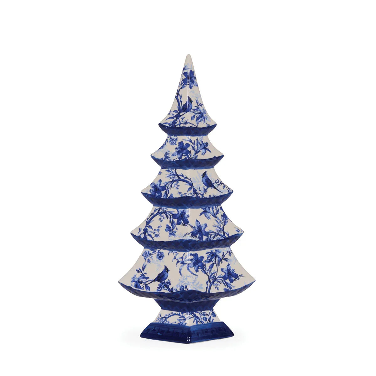 Blue and white ceramic Christmas tree with floral and bird pattern, elegant holiday home décor