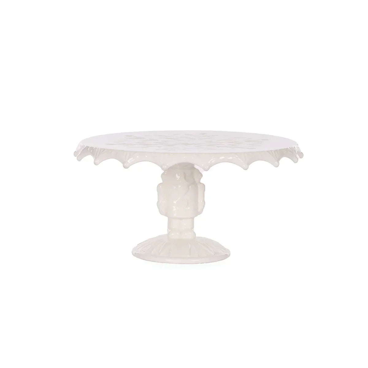 Elegant white ceramic cake stand with scalloped edges and floral detailing for home décor