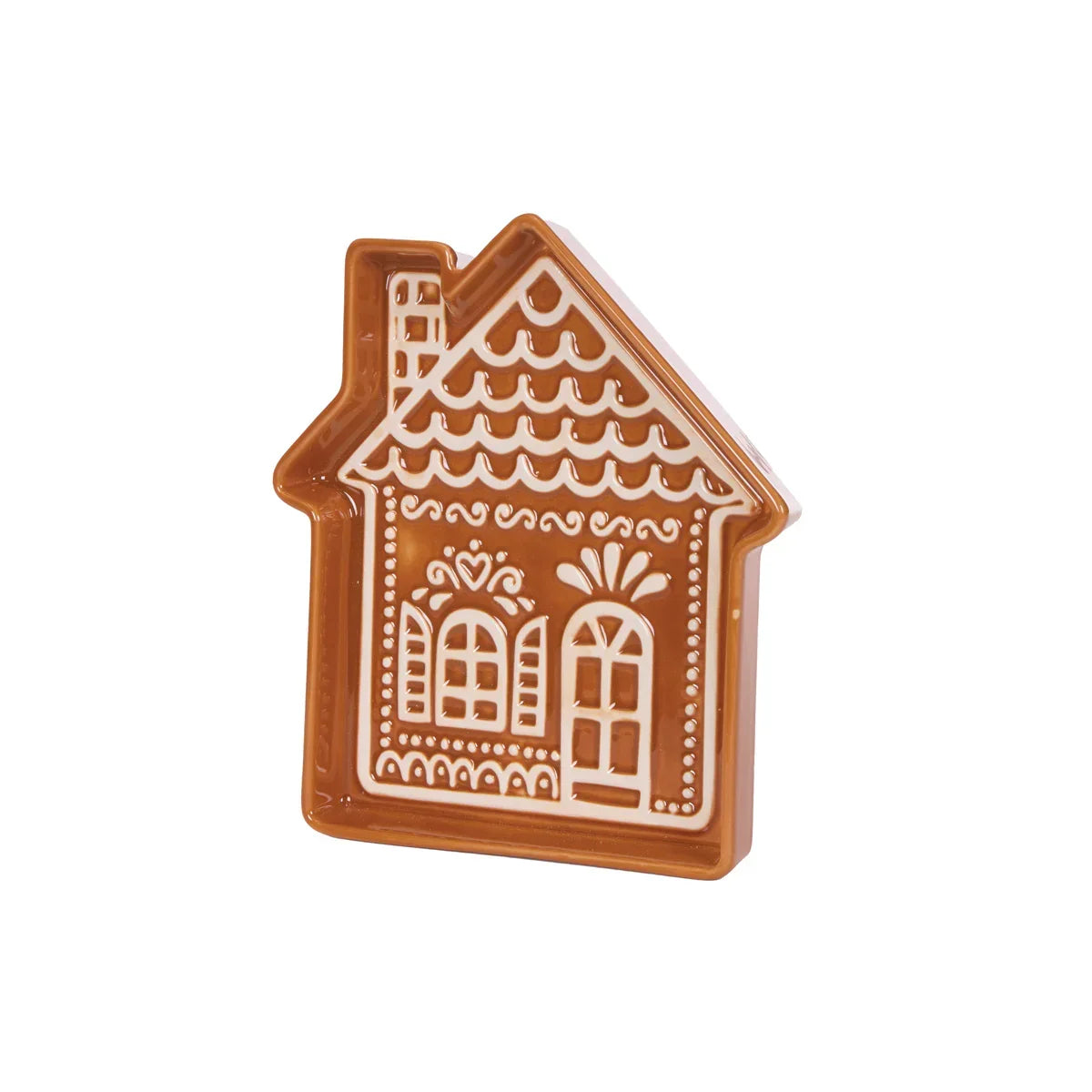 Ceramic gingerbread house decoration with white icing details, perfect for festive home décor