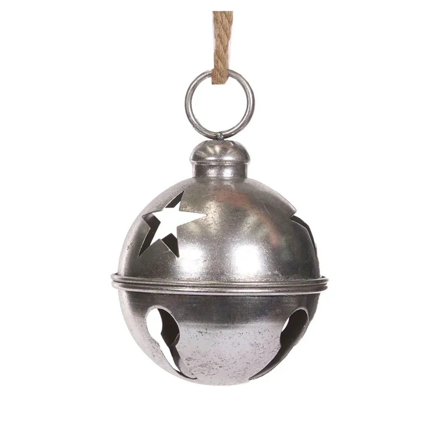 Metal jingle bell ornament with star cutouts, rustic silver finish, hanging by twine for holiday decor