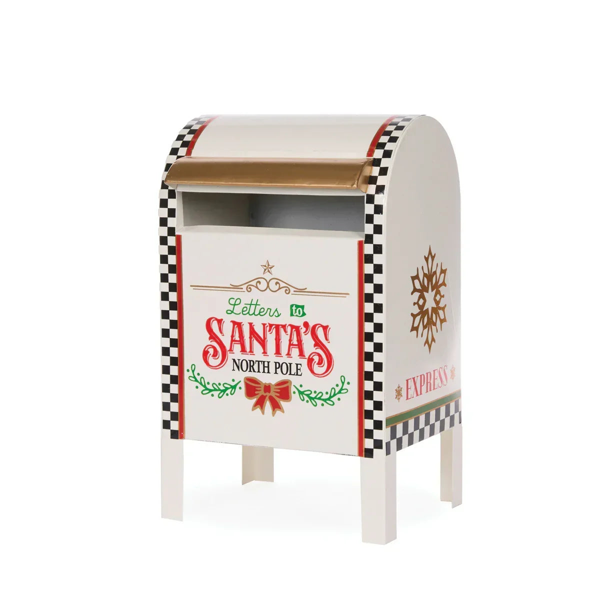 Festive Santa's North Pole mailbox with checkered trim and snowflake design for holiday décor