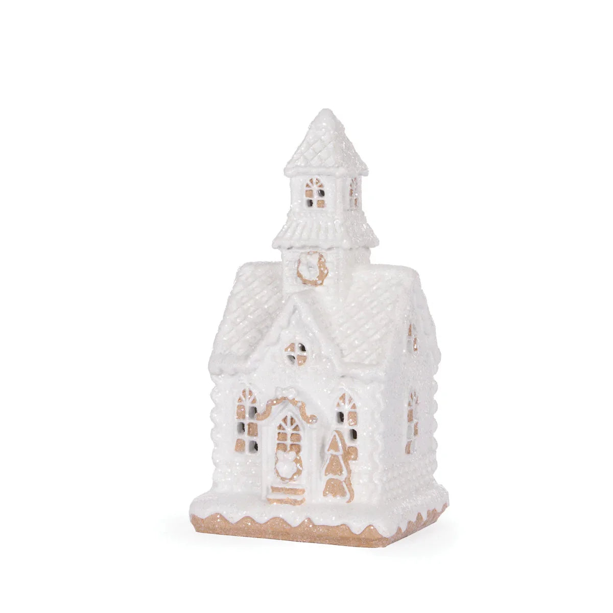 White glittery ceramic church figurine with gold accents, festive holiday home décor
