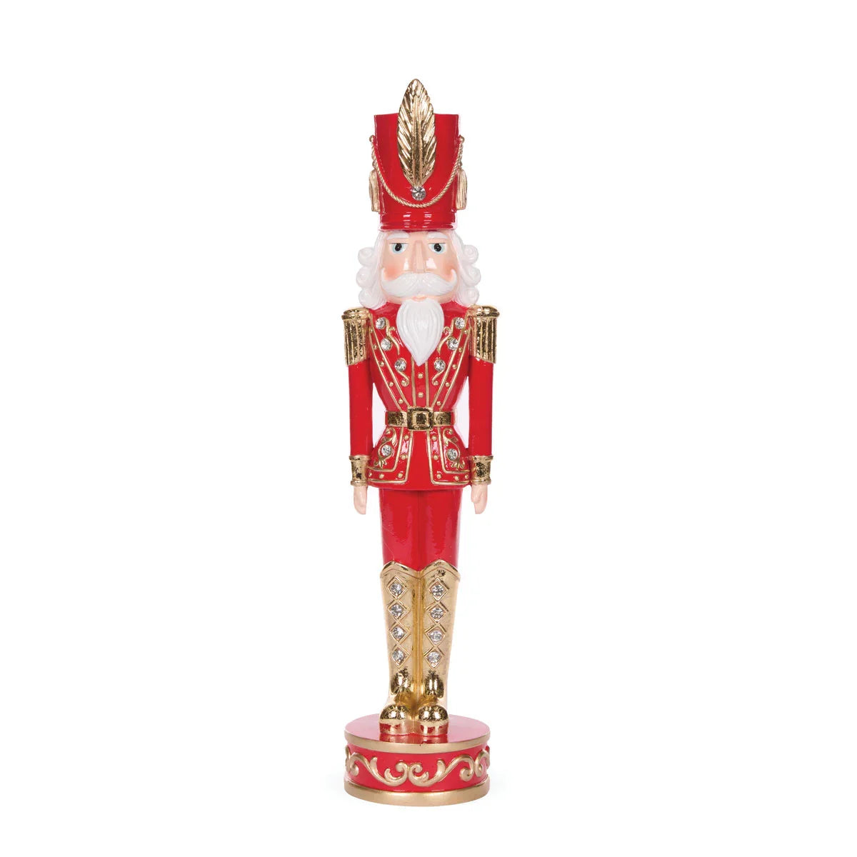 Red and gold nutcracker soldier ornament with white beard, perfect for Christmas home dΓ©cor and holiday displays.