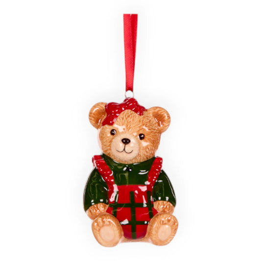Ceramic teddy bear Christmas ornament in red plaid overalls with green shirt and red ribbon hanger