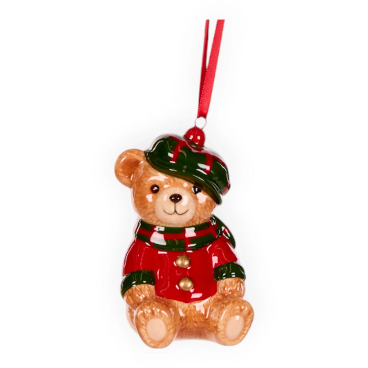 Ceramic teddy bear Christmas ornament in red coat and green hat, festive home décor