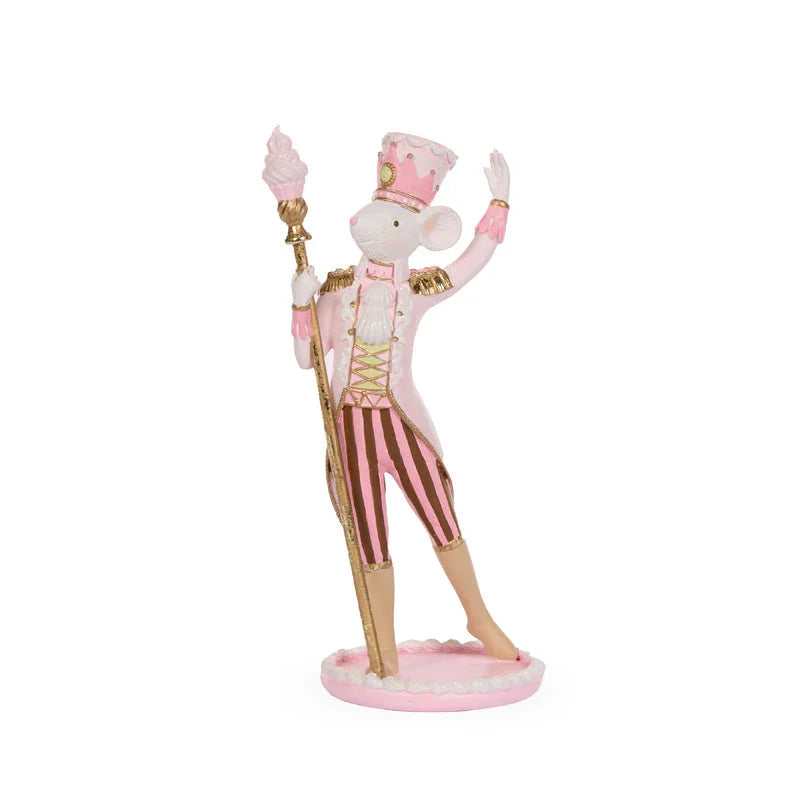 Pink and gold mouse figurine in royal attire holding ice cream, decorative home accent