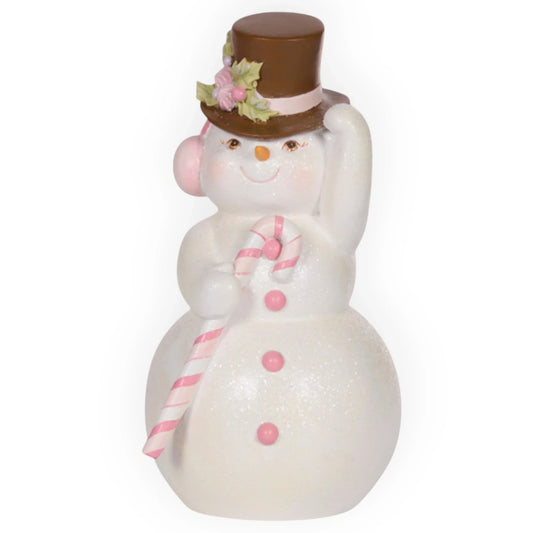 Glittery snowman figurine with pink candy cane, top hat, and floral accent for festive home décor