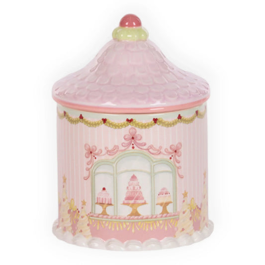 Pink ceramic cookie jar with cake shop window design, vintage home décor accent piece