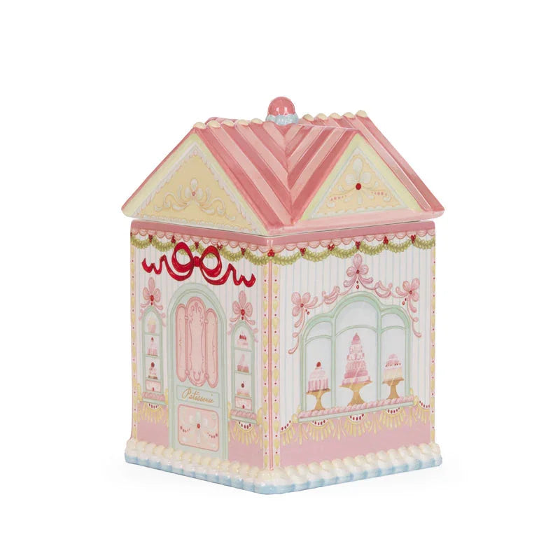 Pink and cream ceramic patisserie-themed decorative box with cake shop design, vintage home décor accent