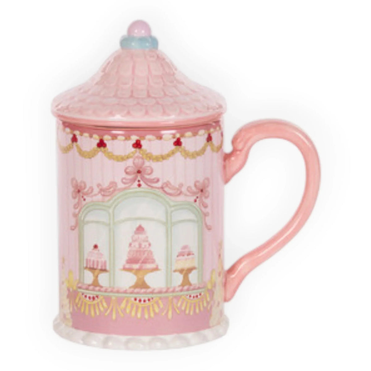 Pink ceramic mug with cake shop design, gold trim, and lid — elegant home décor accessory