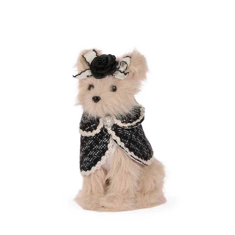 Elegant plush dog figurine in black tweed coat with pearl trim and rose headband, luxury home decor