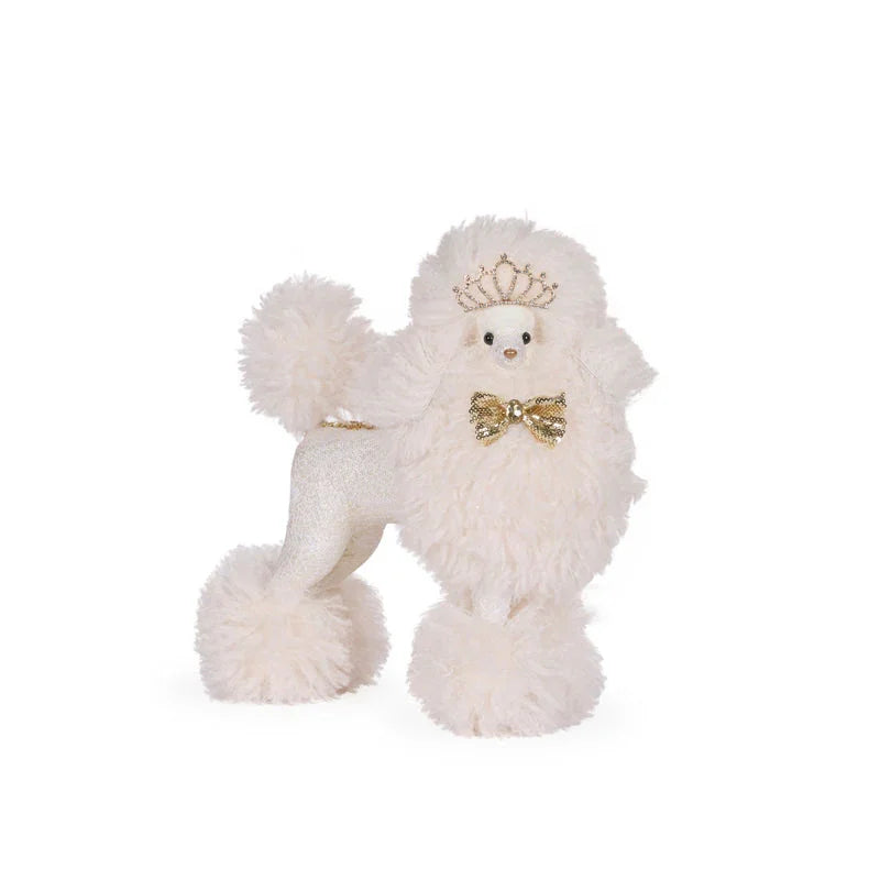 Fluffy white poodle figurine with gold bow and tiara, elegant home décor accent