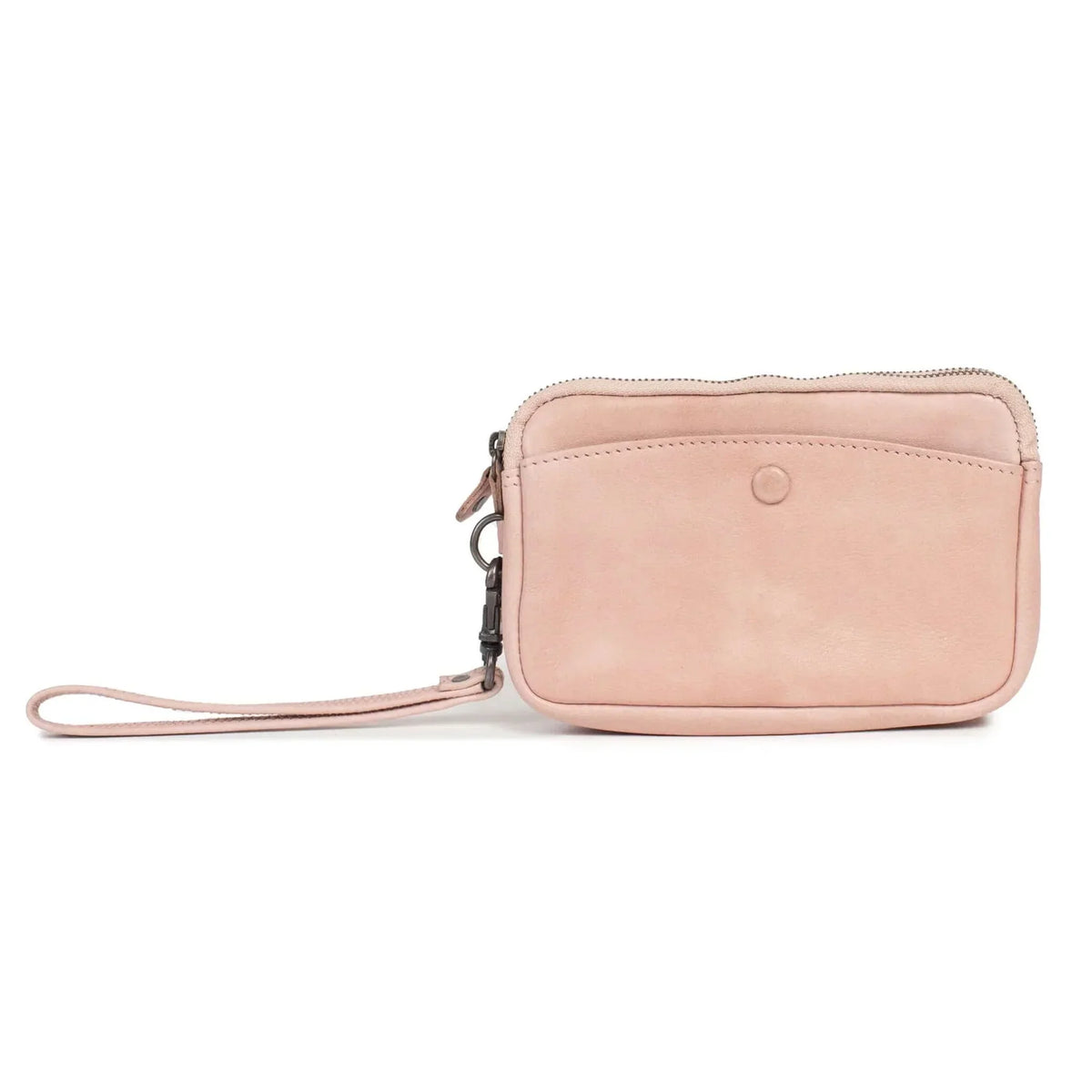 Blush pink suede wristlet with zipper and card slot, minimalist design for everyday carry