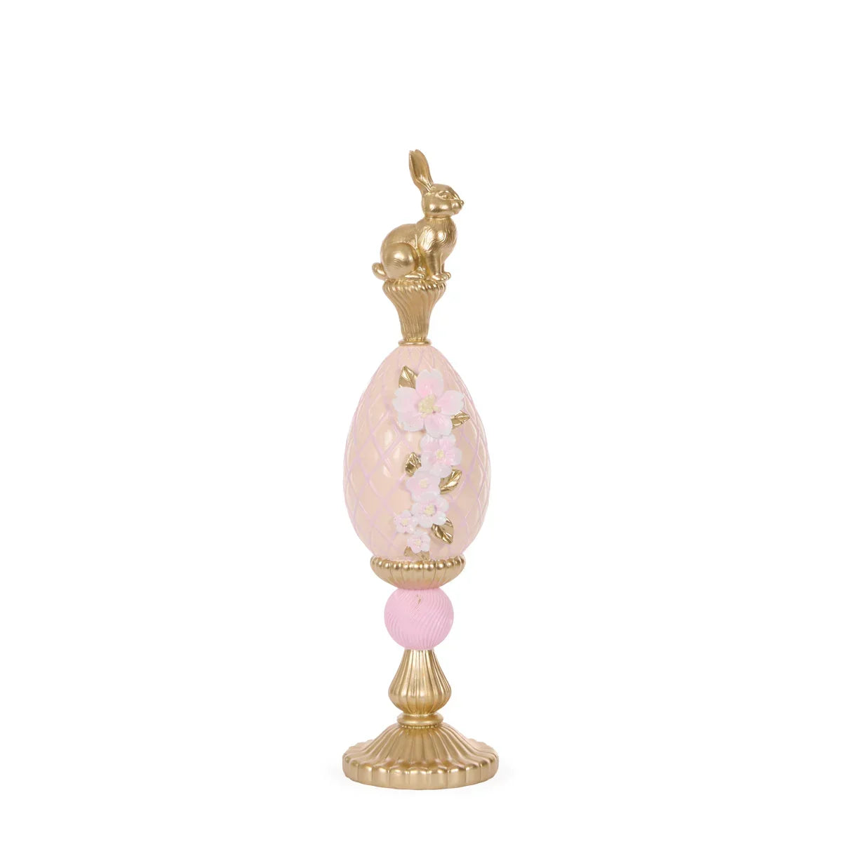 Pink floral egg decor with gold bunny topper, elegant home accent for spring or Easter