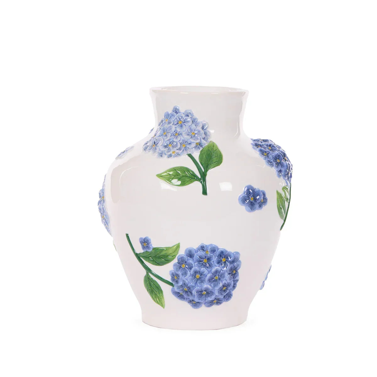 White ceramic vase with blue hydrangea floral design, green leaves, home dรฉcor accent piece