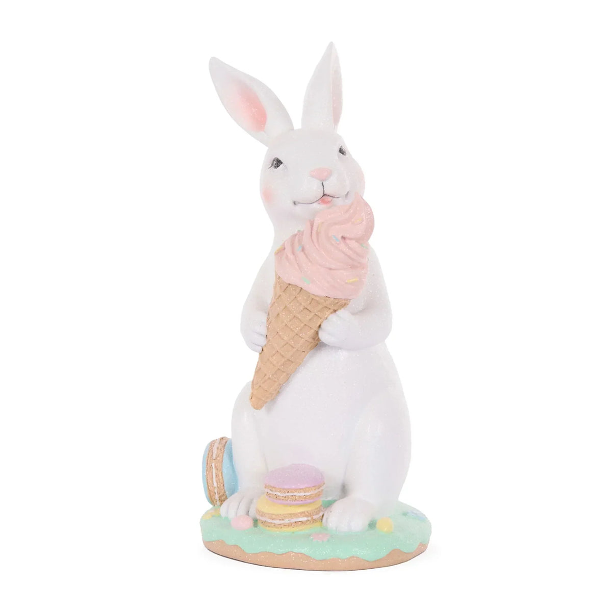 Glittery white bunny figurine holding pink ice cream cone with macarons, sweet home décor accent