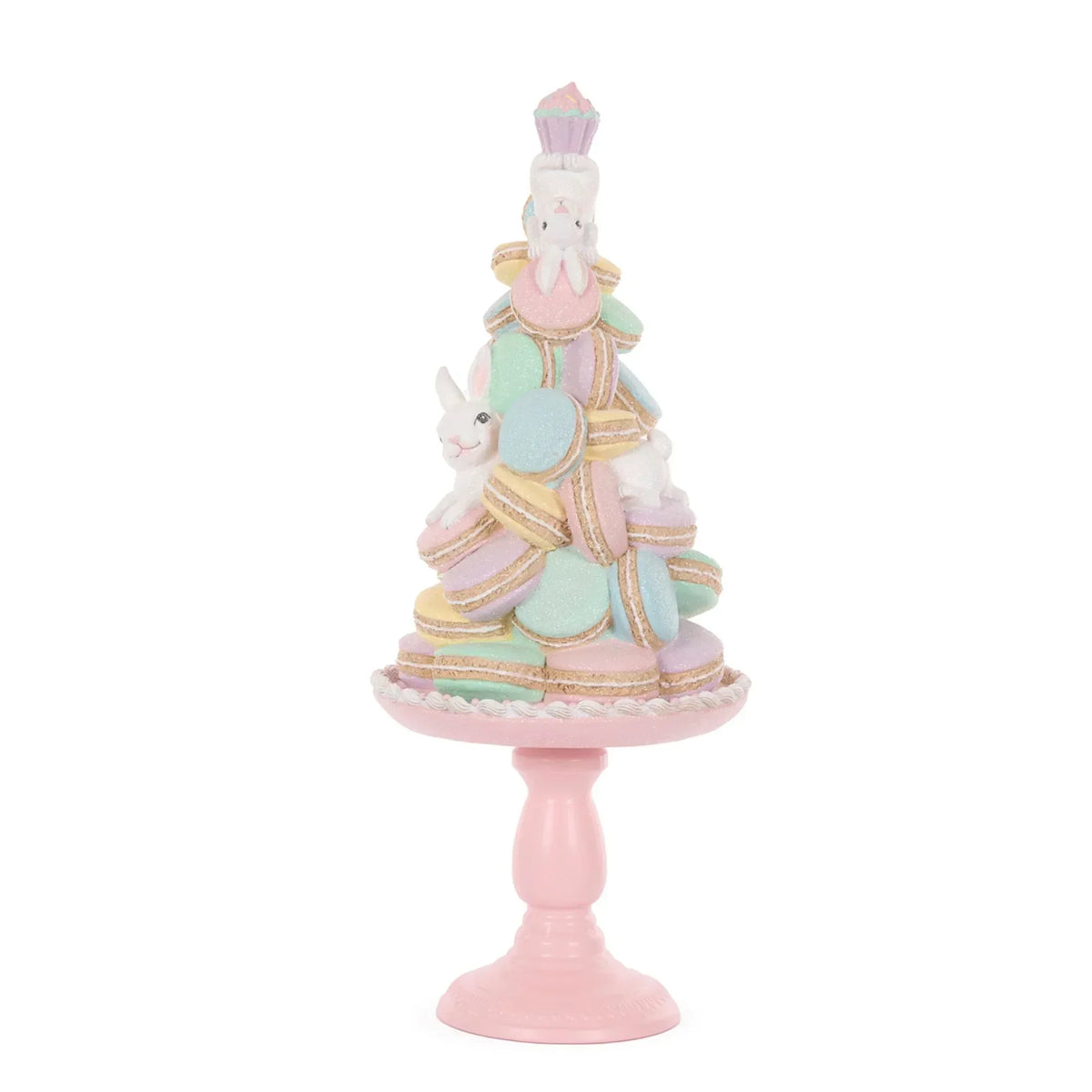 Pastel macaron tower with bunnies, perfect for Easter home décor and sweet table displays