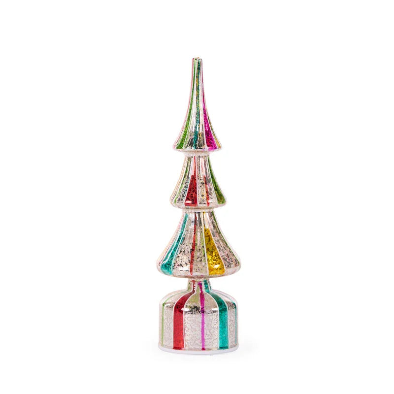 Colorful glass Christmas tree ornament with striped rainbow design, festive holiday décor