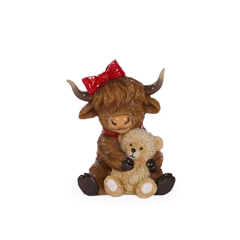 Adorable Highland cow figurine with red bow hugging teddy bear, cute home dΓ©cor accent