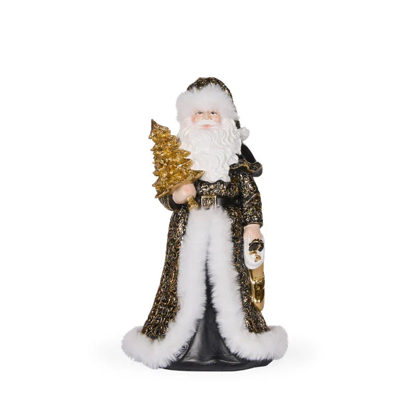 Luxury Santa Claus figurine with gold tree, black and gold robe, white fur trim — elegant holiday décor