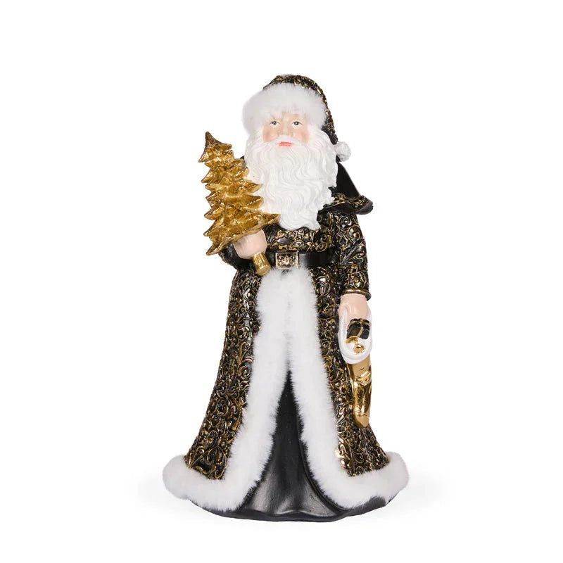 Luxury black and gold Santa Claus figurine holding golden tree, festive home décor accent