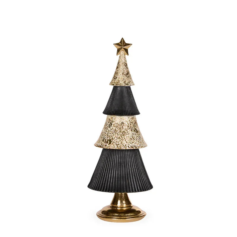 Black and gold tiered Christmas tree decoration with star topper, elegant holiday home dΓ©cor