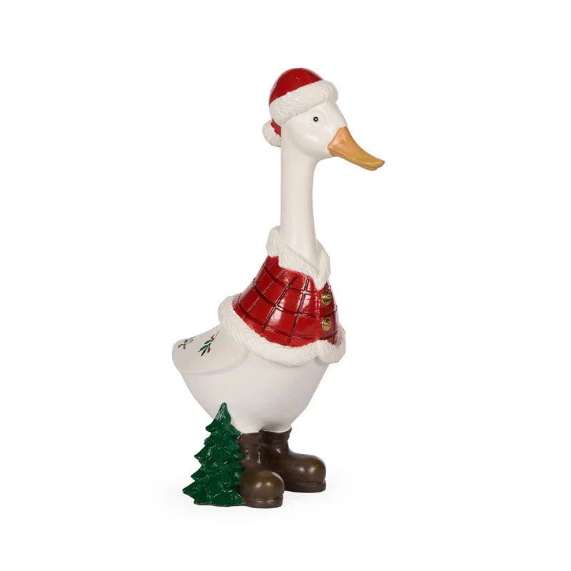 Festive duck figurine in Santa hat, red plaid vest, boots, with mini Christmas tree — holiday home décor