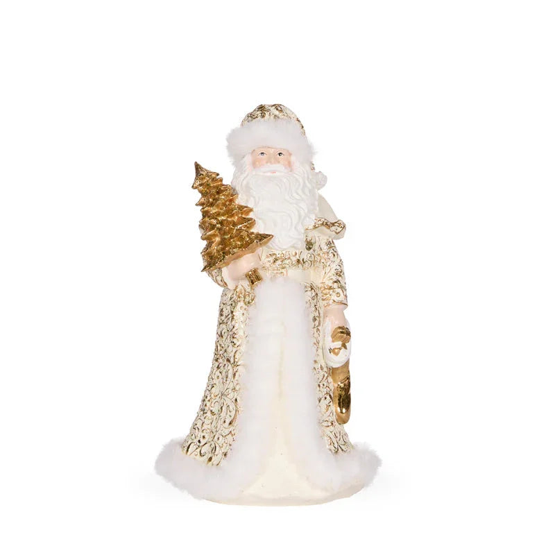 Elegant white and gold Santa figurine holding a glittery tree, perfect for luxury Christmas décor.