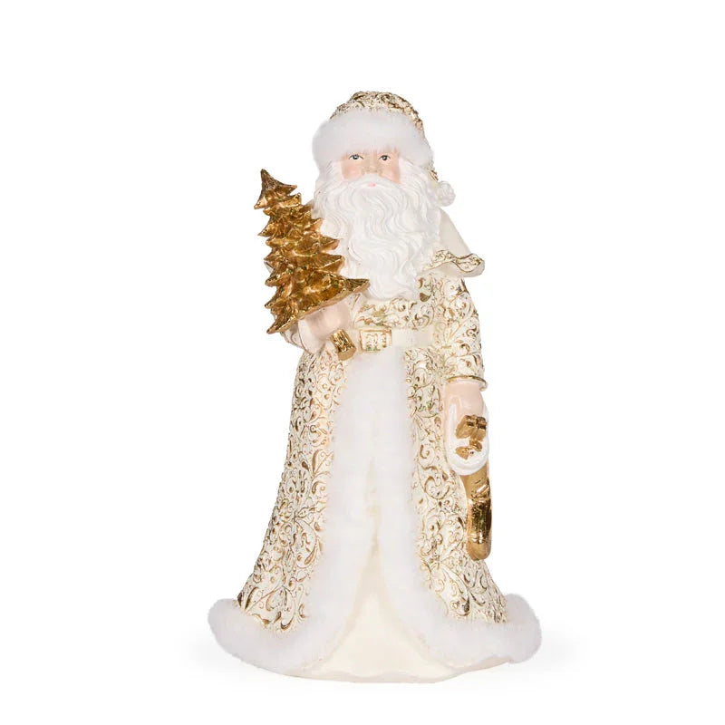 Elegant gold and white Santa Claus figurine holding a golden tree, perfect for luxury Christmas decor