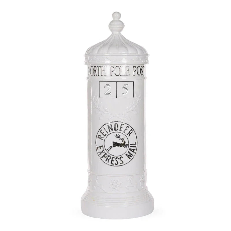 White North Pole Post mailbox with reindeer express mail stamp, holiday home décor accent