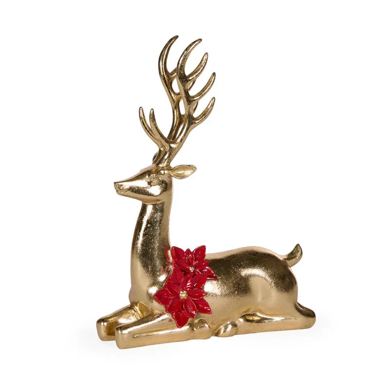 Gold reindeer figurine with red poinsettia, festive holiday home décor accent piece