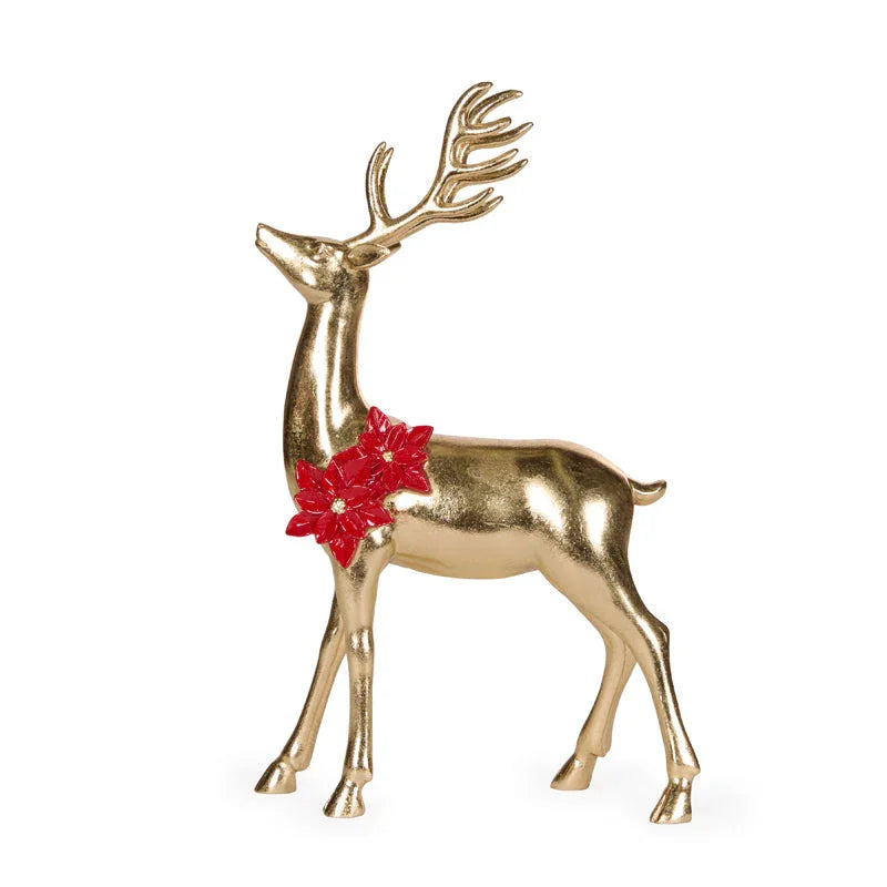 Golden reindeer figurine with red poinsettia accent, festive holiday home décor