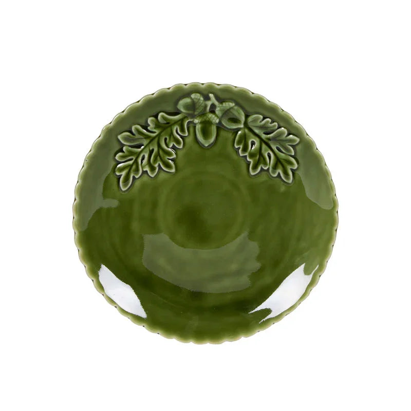 Green ceramic plate with oak leaf and acorn relief, scalloped edge, home décor accent piece
