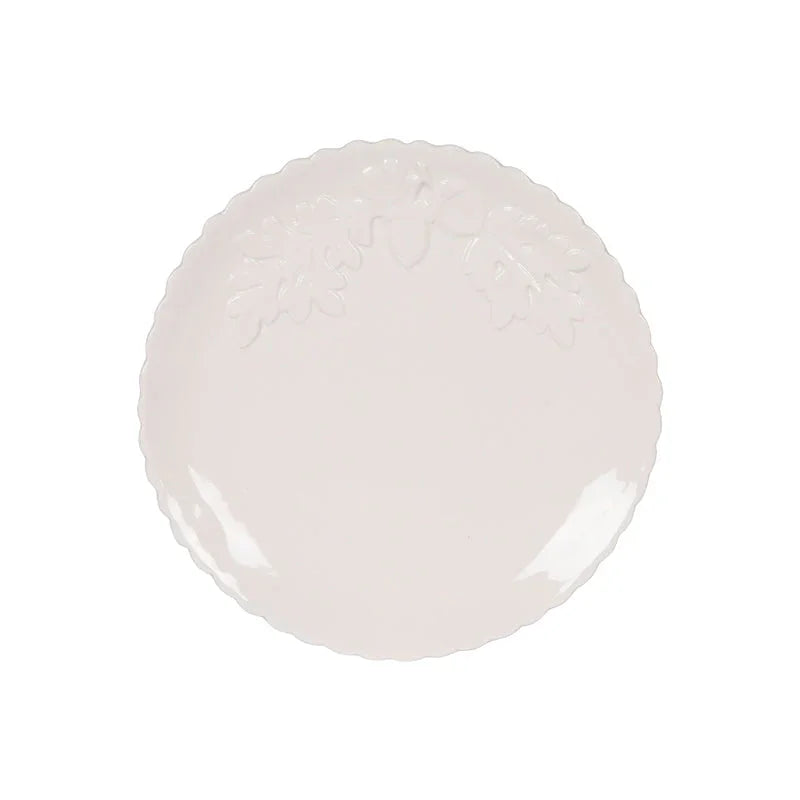 Elegant white ceramic plate with embossed leaf design, perfect for vintage home décor and table settings