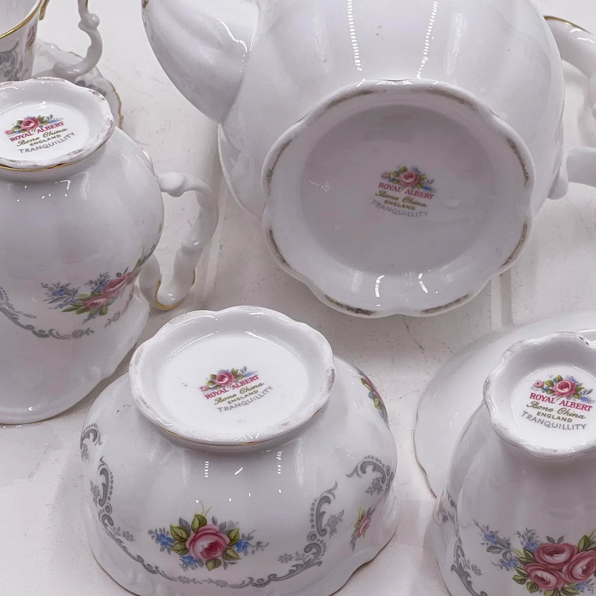 Royal Albert Tranquillity bone china tea set with floral rose design, vintage English teacups and saucers