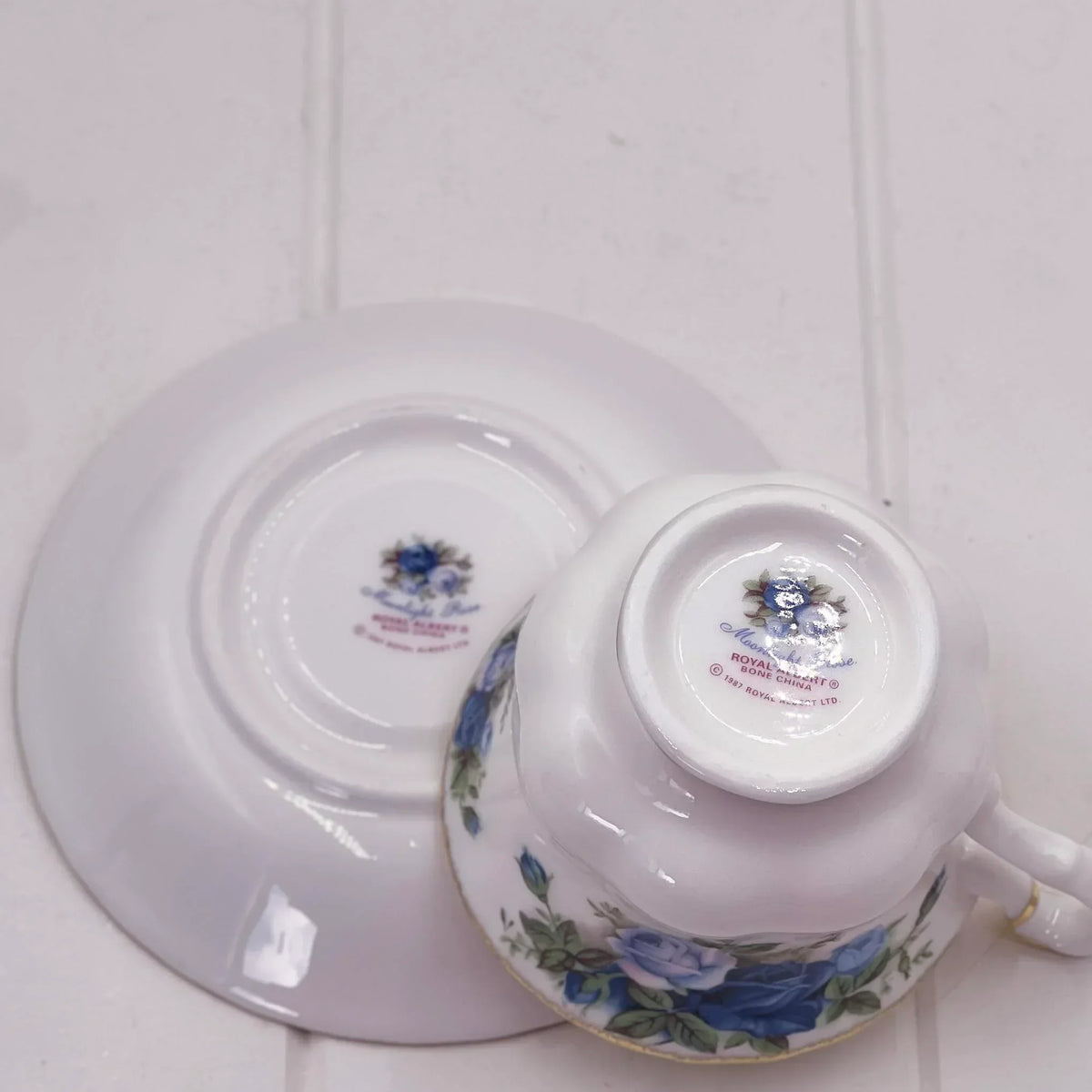 Royal Albert Moonlight Rose teacup and saucer, bone china with blue rose floral design, vintage home decor
