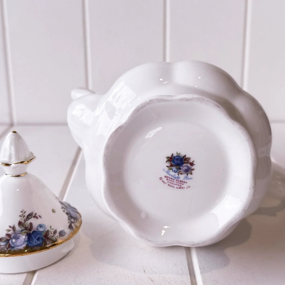 Royal Albert Moonlight Rose bone china teapot base with blue floral mark, vintage home decor
